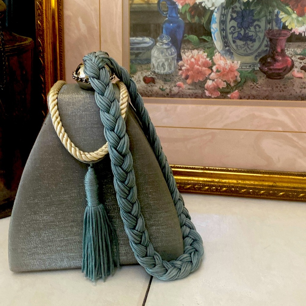 Triangular grey satin organza evening bag with tassel